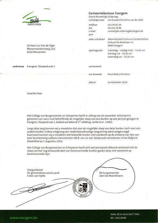 Briefje gemeente Evergem ivm bedreigde bunker op de Stoepestraat